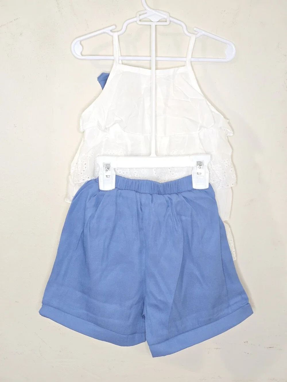 Girls White Eyelet Ruffle Tank & Blue Shorts Set Size 120 Summer Outfit Bow